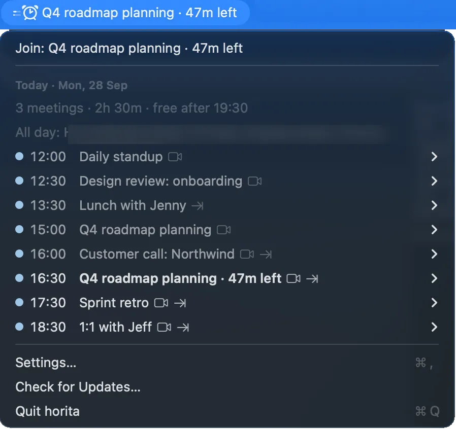 The horita dropdown listing today’s meetings under a summary line